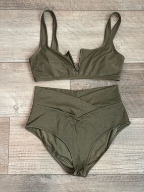 aerie Olive Textured High-Waist Bikini Bottoms